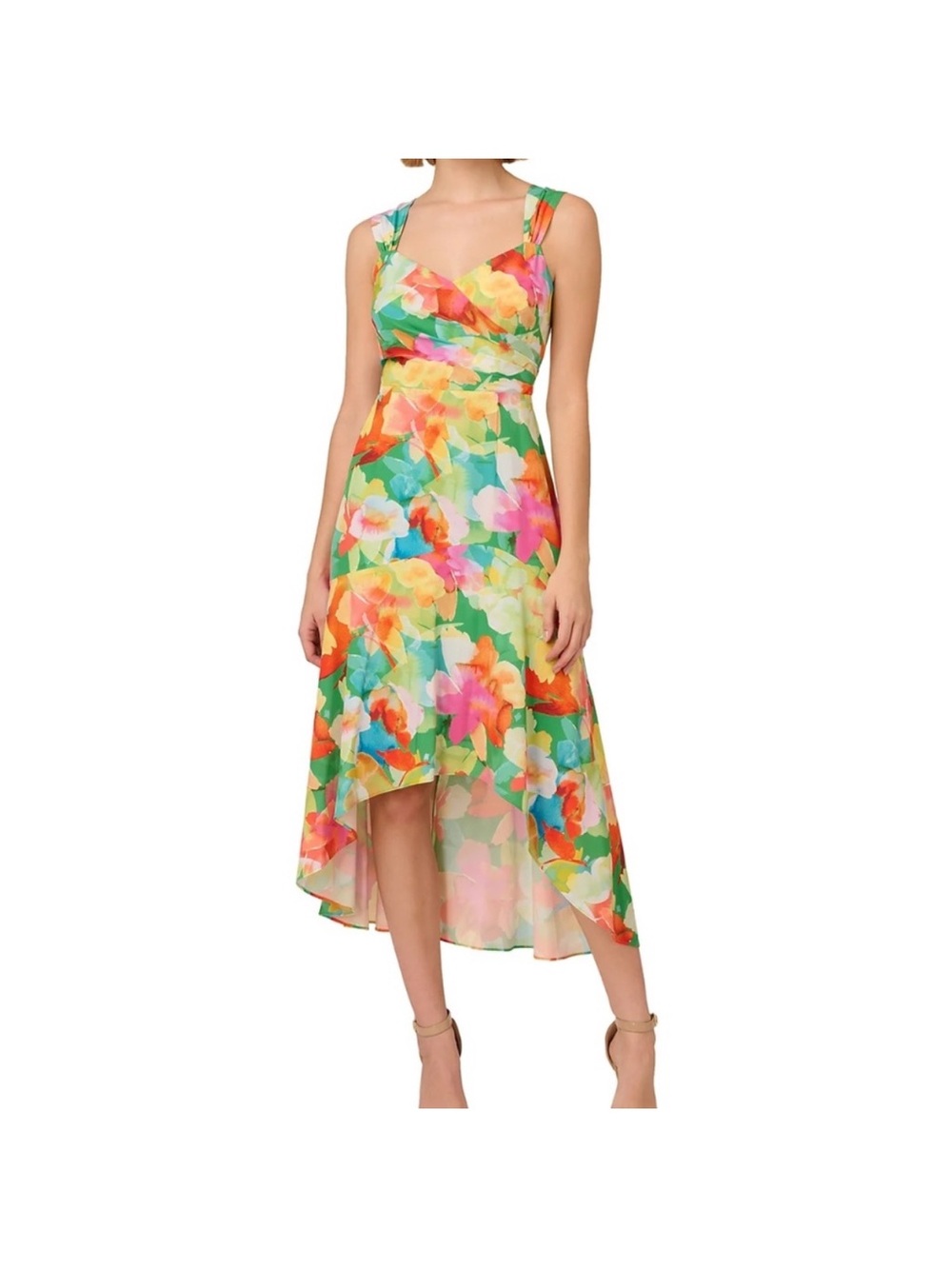 Adrianna Papell Green Multicolor Floral High-Low Dress